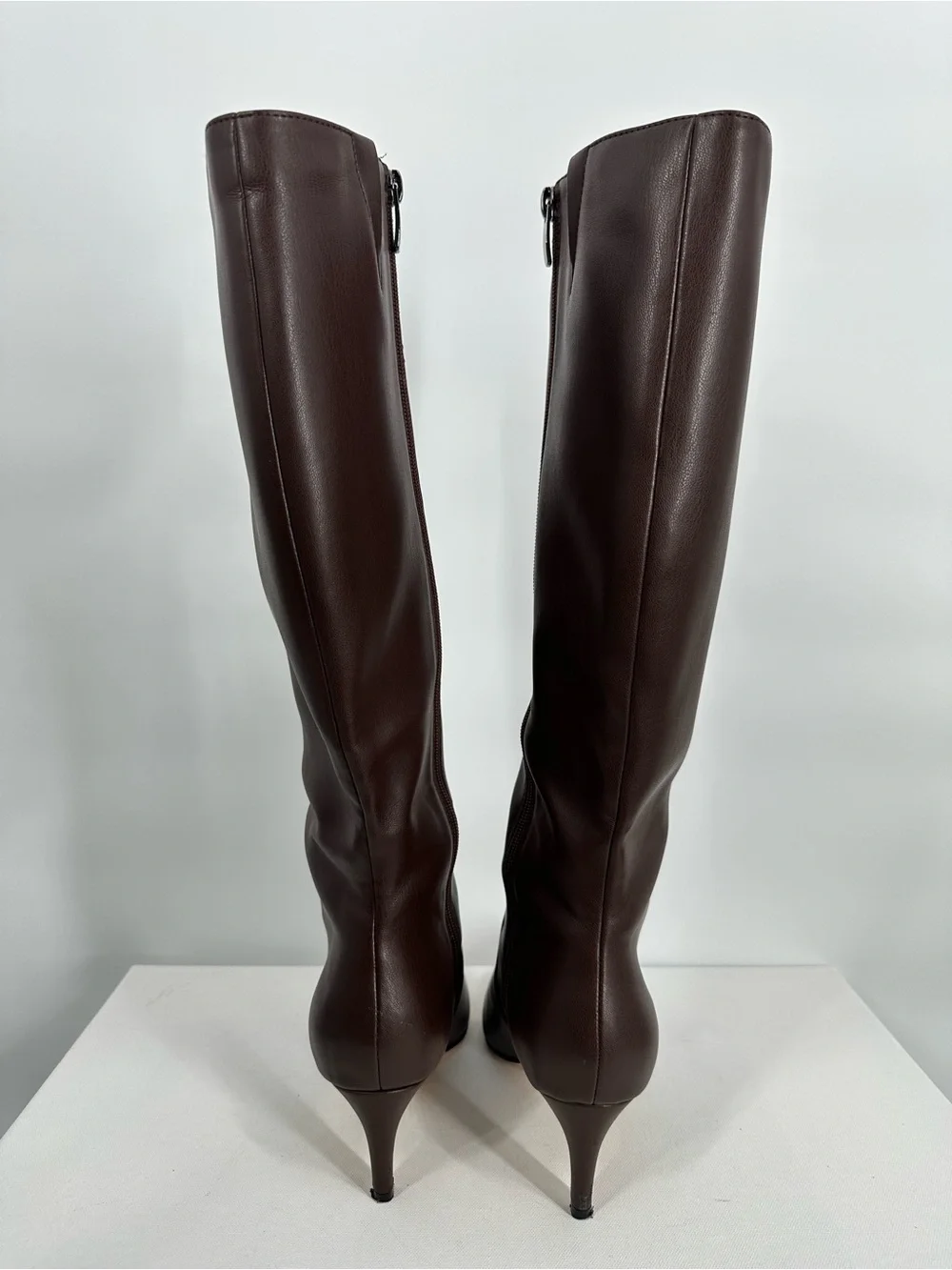 Women Faux Leather Chocolate Brown Pointed Knee High Boots Kitty Heels Size 6.5